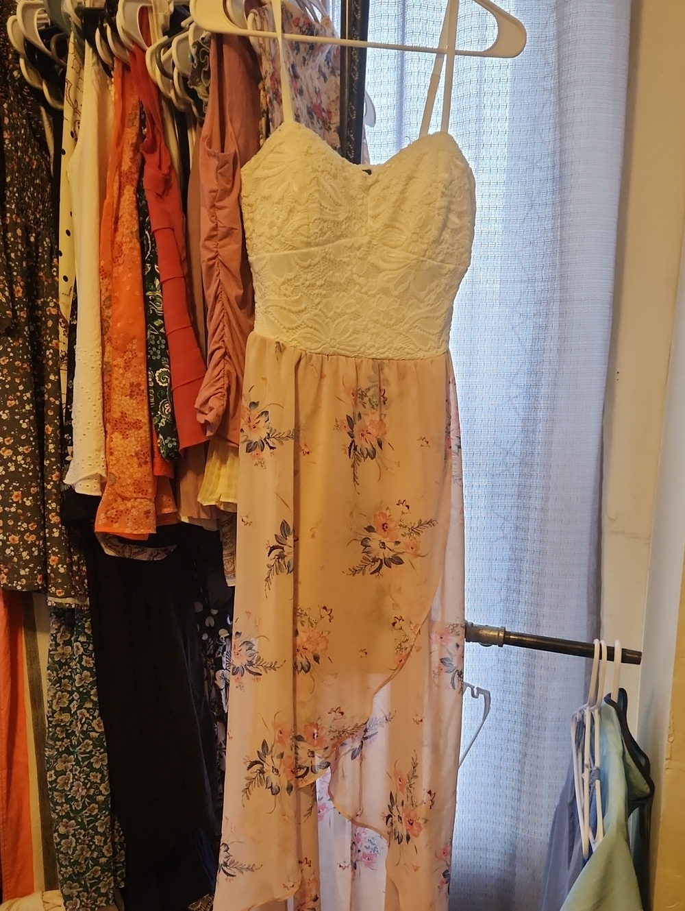 Lily Rose White Lace Bodice Pink Floral High-Low Dress